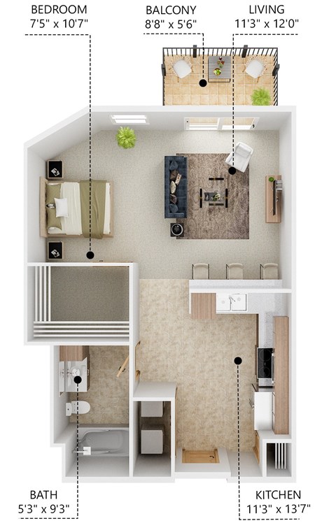 Floor plan for studio, 1 bath, 650 sqft